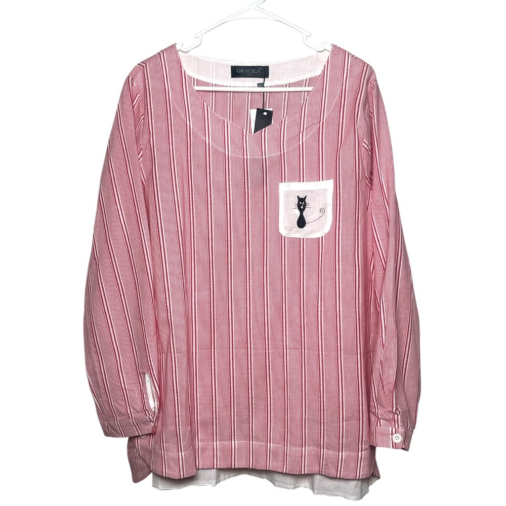 Gracila Women's 2XL Red White Striped Cotton Blouse Cat Pocket Long Sleeve Top